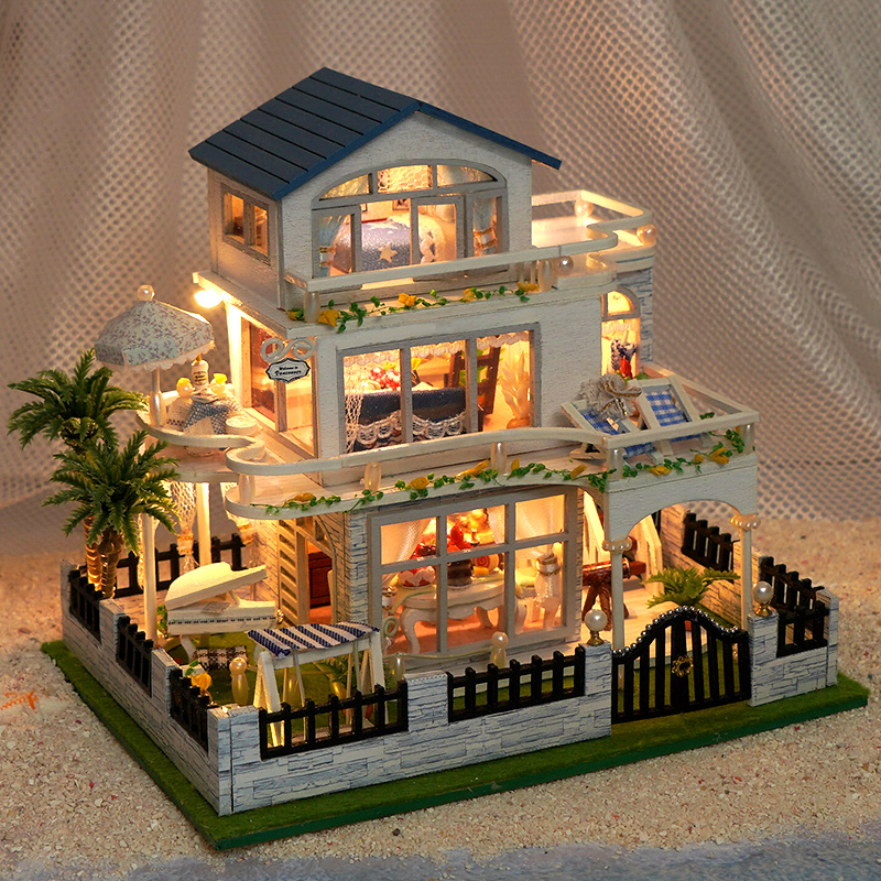 NEW DIY Wooden Mini Seaside Villa Miniature Building Kits Doll Houses With Furniture Casa Dollhouses for Friends Birthday