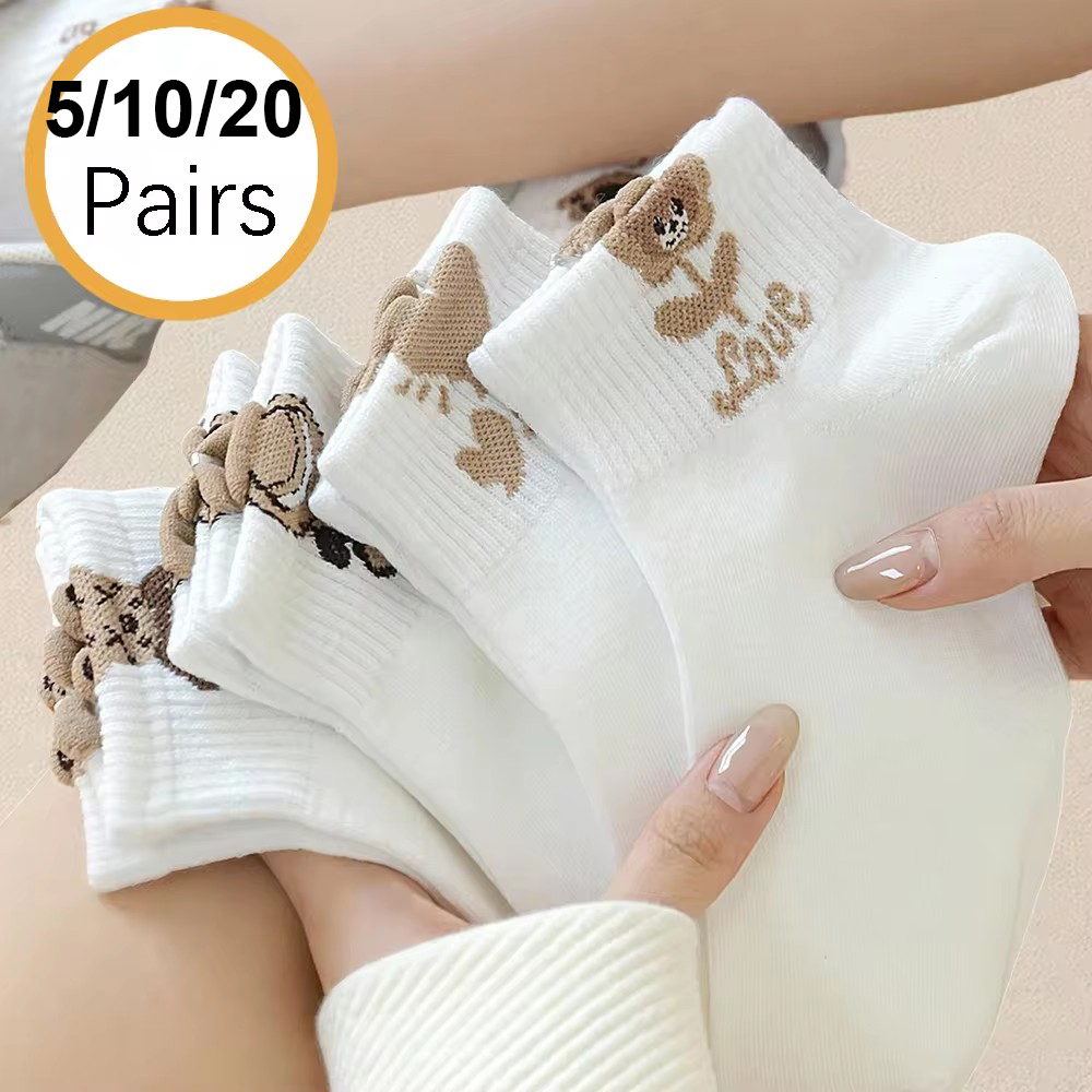 5/10 Pairs Of Cartoon Bear Pattern Socks Cute And Breathable Ankle Socks Women S Stockings And Socks