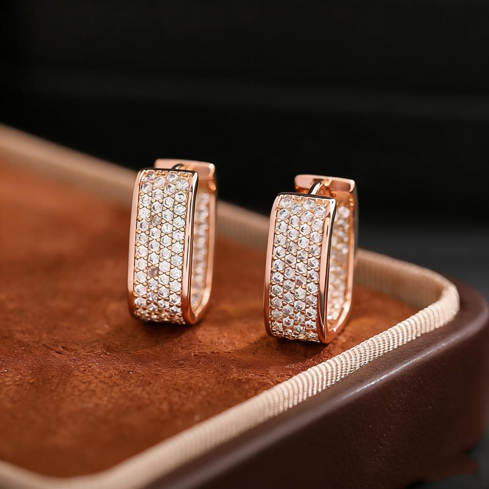 Vintage Geometric U Shaped White Zircon Hoop Earrings For Women Rose Gold Color Female Ear Buckle Wedding Party Jewelry