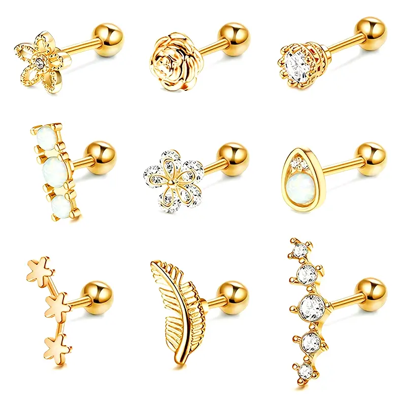 1Pc stainless steel cartilage stud earrings, hypoallergenic screw back earrings, zircon flower stud earrings are spiral piercing