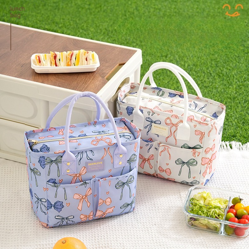 Insulated Lunch Bag for Women - Thermal Food Cooler Tote with Bow Print, Waterproof Reusable Lunch Box for Work & School