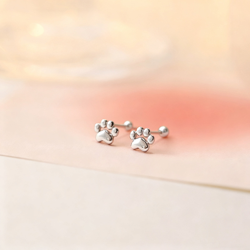 New Cute 925 Sterling Silver Stud Earrings For Woman Metal Polished Chubby Cat-paw Girlish Earring Jewelry Accessories