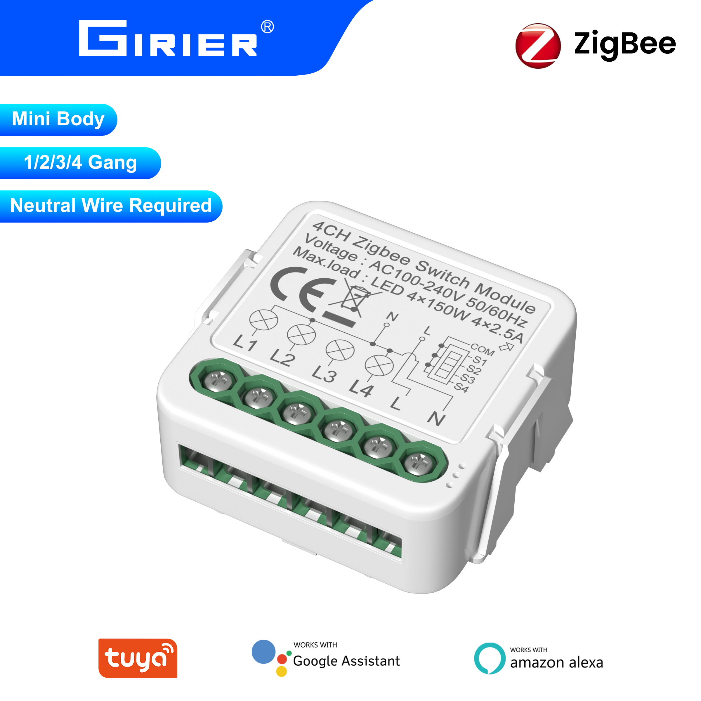 GIRIER Tuya Smart Switch Module Neutral Wire Requried ZigBee 3.0 Breaker Relay 1/2/3/4CH Supports 2-way Control Works with Alexa