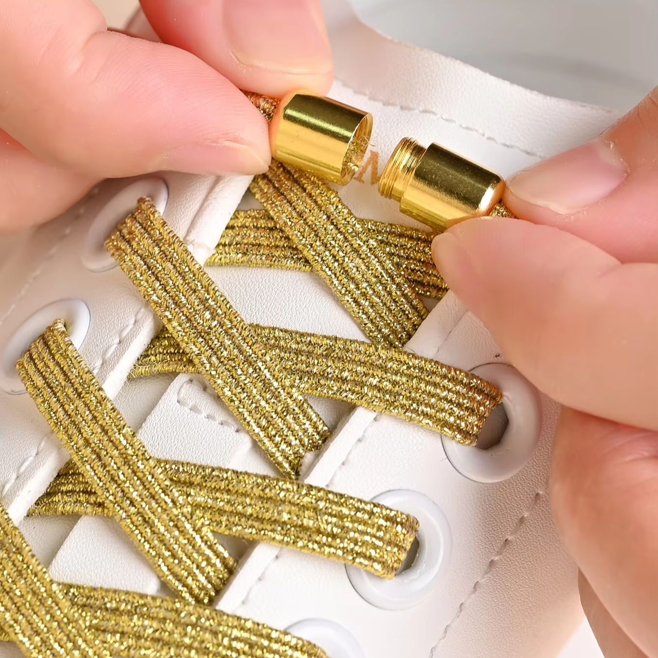 1 Pair of No-Tie Shoelaces with Colorful Buckles | Gold & Pearl Luster Elastic Fashionable Shoelaces, Easy Slip-On Design