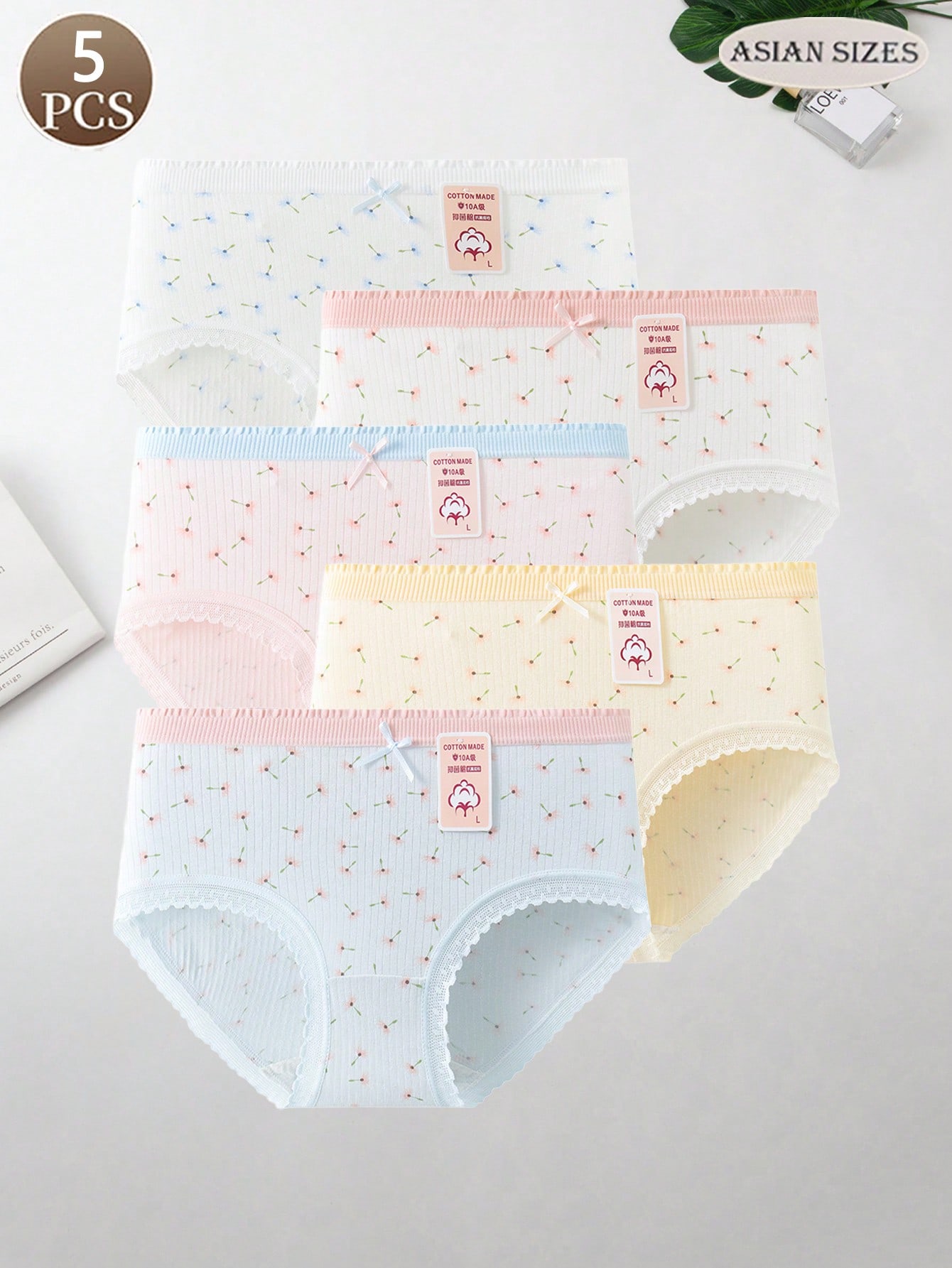5PCS Cute Ribbon panty Lace Trim Women's Cotton panties Seamless Breathable Mid-Waist Triangle briefs female un derpants