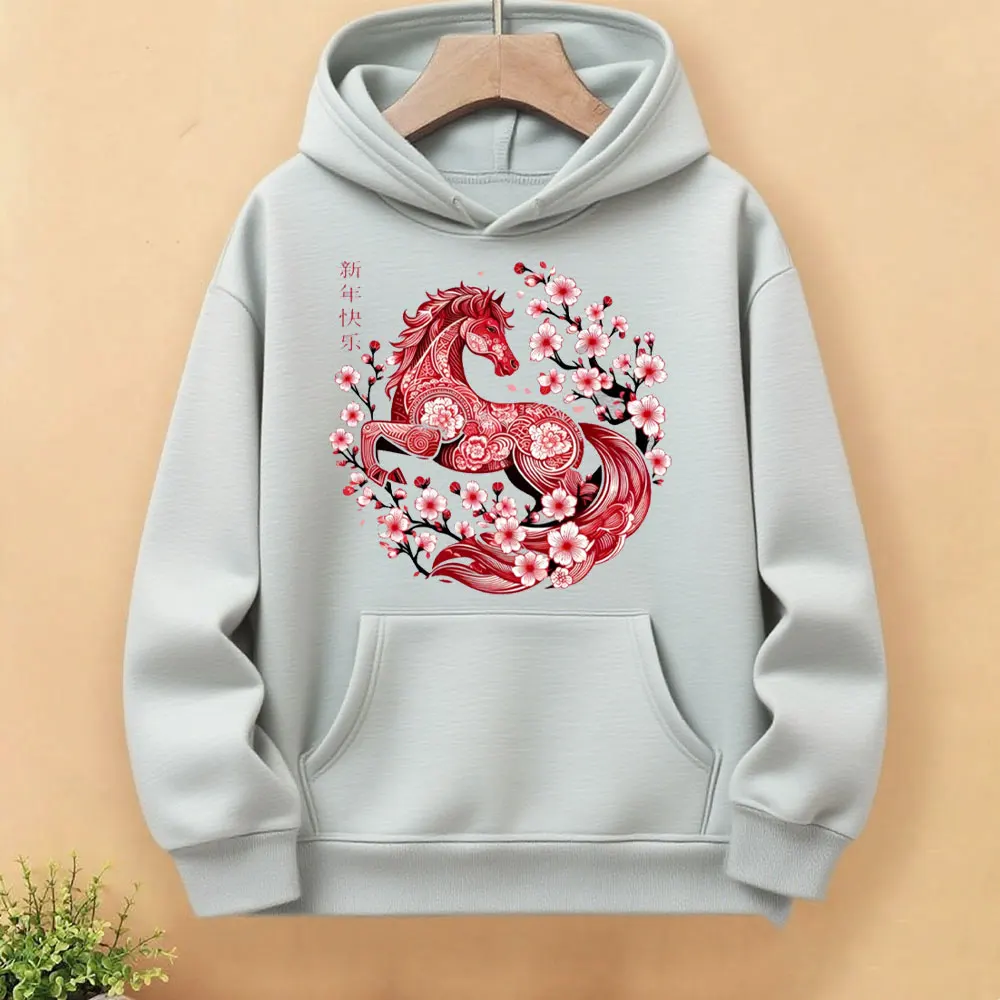 Lunar New Year Happy Chinese New Year of The Horse 2026 Casual Hoodies Unisex Women Men Hoody Drop Shoulder Casual Pullover