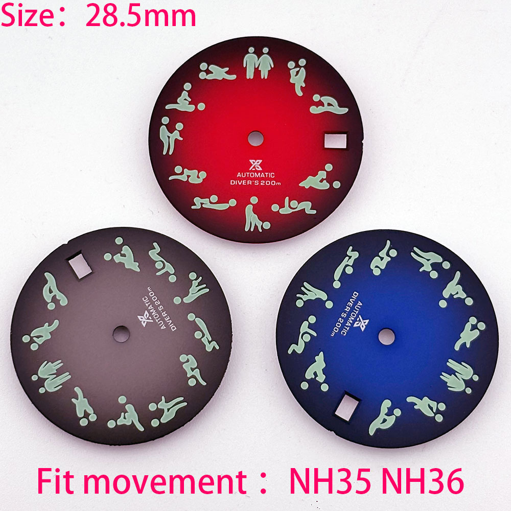 28.5mm blue red green sub watch dial C3 Luminous suitable for NH35 NH36 automatic movement with calendar window