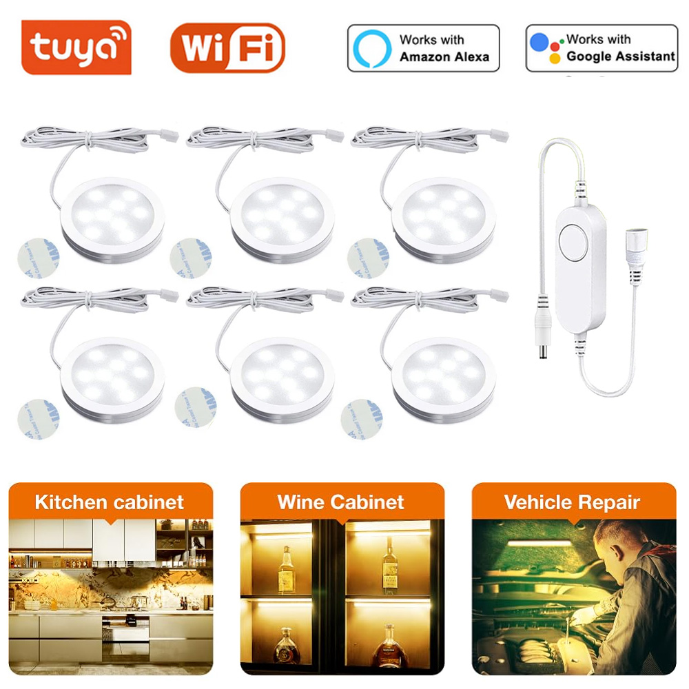 Tuya Wifi Warmwhite Under Cabinet Lighting 12V Dimmable Puck Lights Kitchen Counter Wardrobe Night Lamp Room Decor APP for Alexa