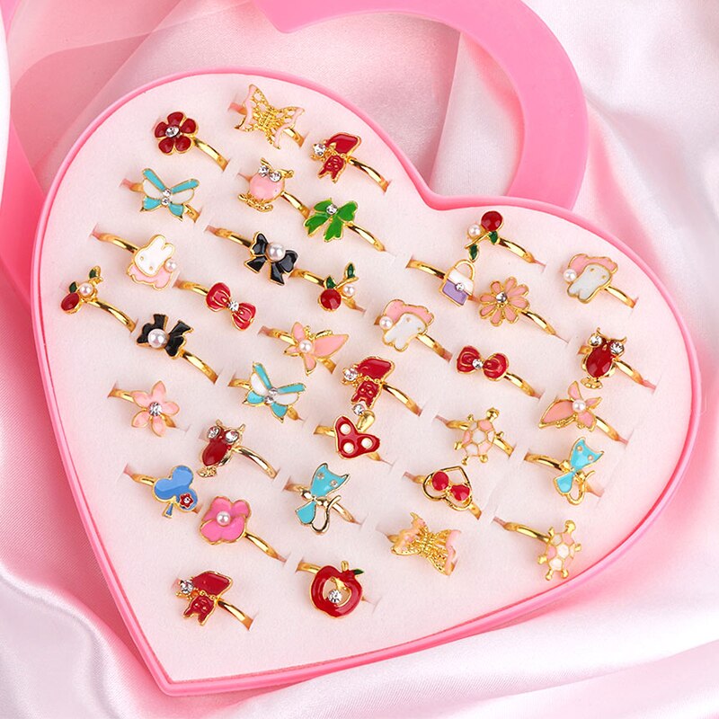 Cute Adjustable Rings for Children Girls Pretend Play Makeup Toys Cartoon Crystal Jewelry Alloy Animal Enamel Ring for Girl