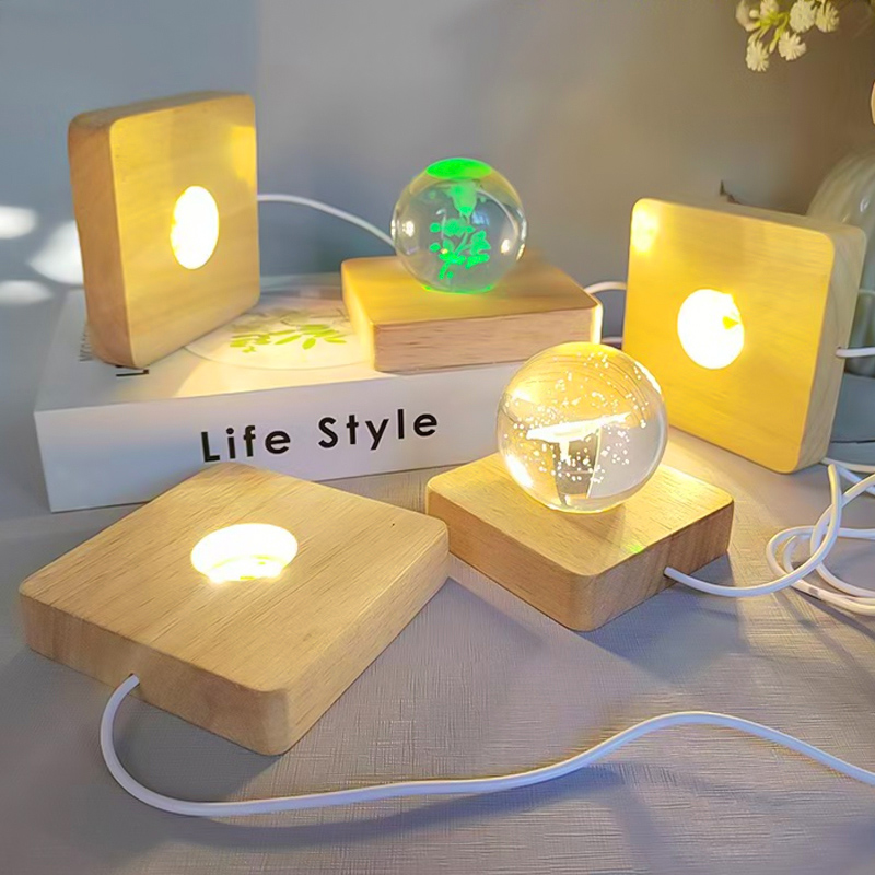 1PCS 6/8/10CM Square LED Luminous Solid Wood Base DIY Crystal Ball Night Lamp Base Wood USB Plug-In With Switch Ornament