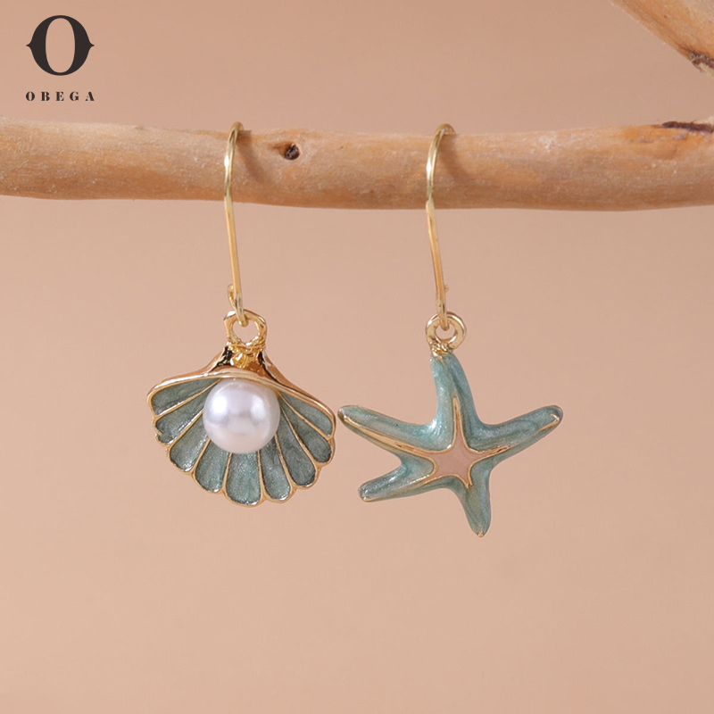 Obega Vintage Gold Color Starfish Shell Stud Earrings for Women Small Cute Imitation Pearl Earrings Banquet Wedding Jewelry