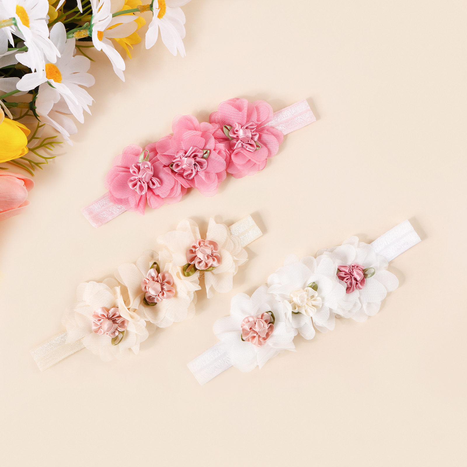 3pcs Splicing Chiffon Flower Soft Nylon Hair Accessory For Baby Newborn Photograph Wear Headband Girl Daily Decor Cute Hairband