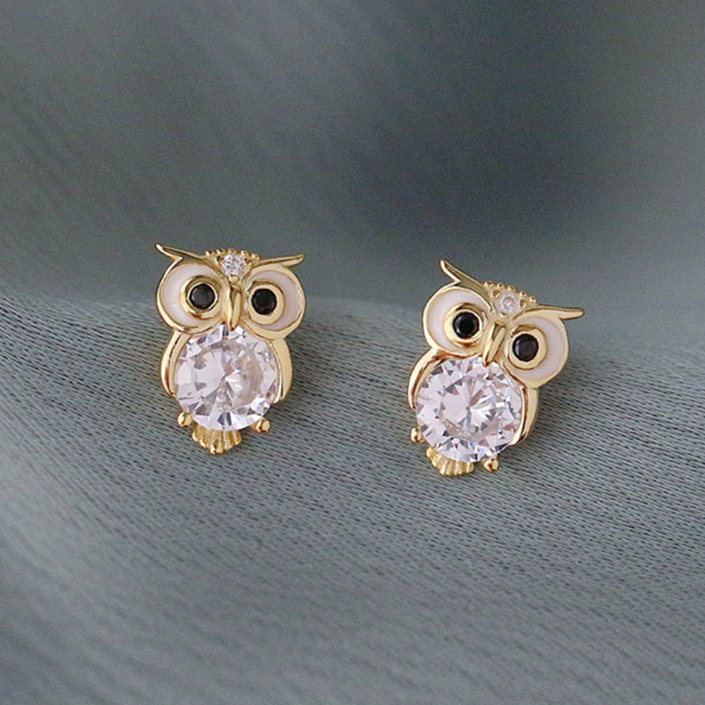 Huitan Gold Color Owl Stud Earrings Funny Cute Night Owl Earrings Women for Dance Party Cute Luxury CZ Ear Jewelry