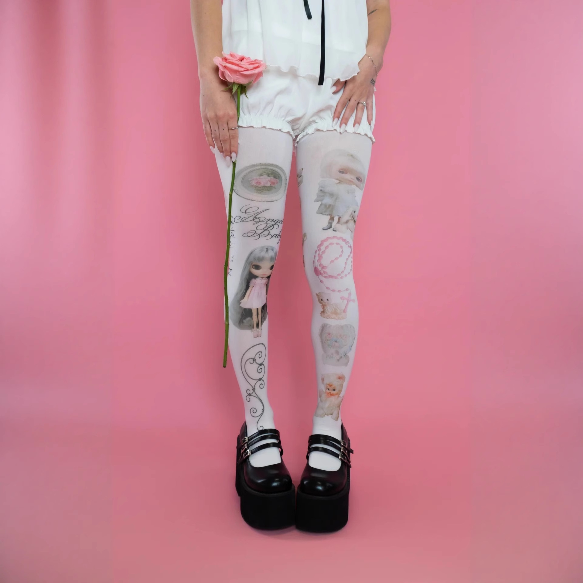 Y2k White Subcultural Graffiti Punk Cute Cartoon Printed Long Socks Knee High Long Socks Y2k Cosplay Cute Socks Kawaii emo
