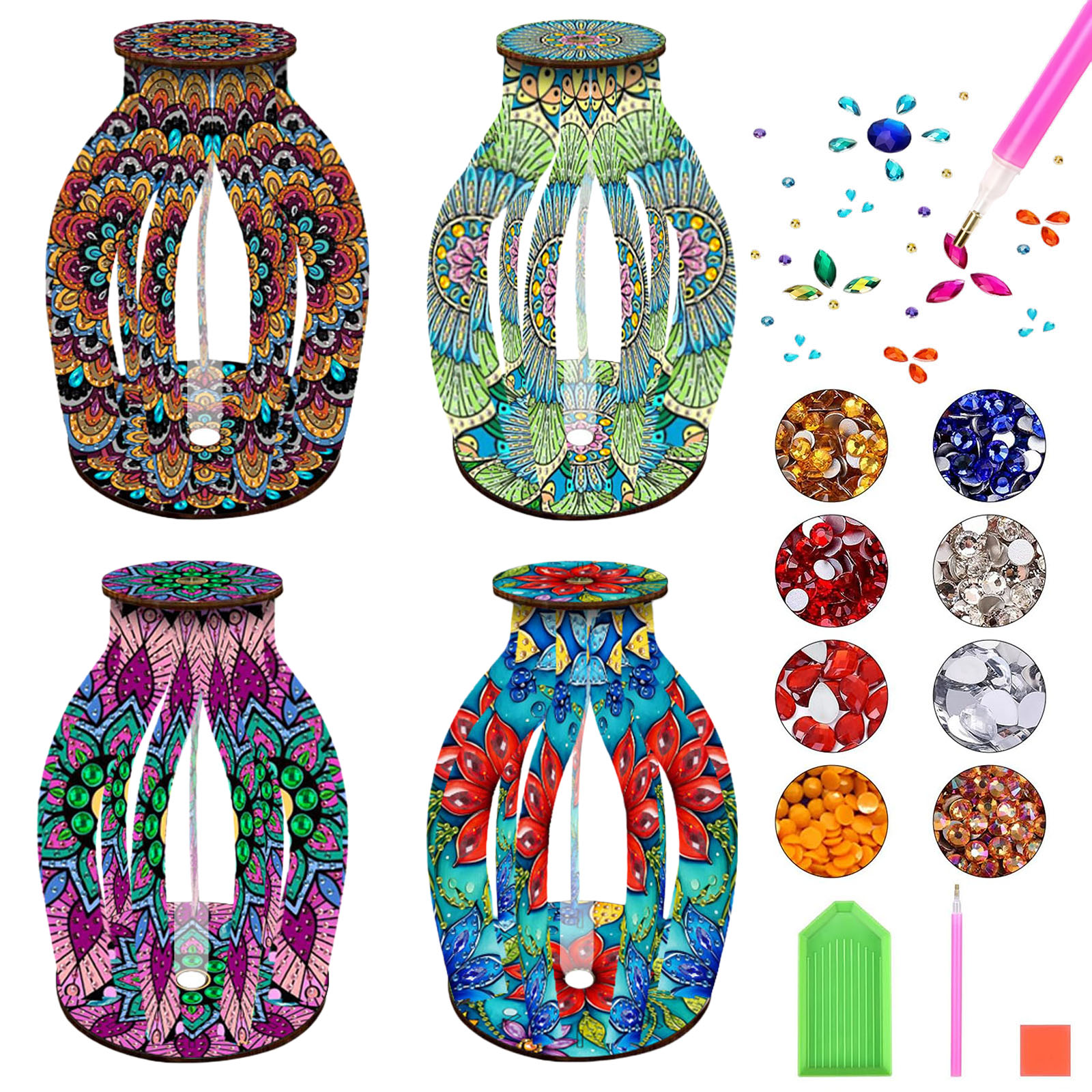 1 DIY Handcrafted Diamond Painting Mandala Vase - Wooden 3D Crystal Diamond Mosaic Splicing Technique for Desktop Decoration
