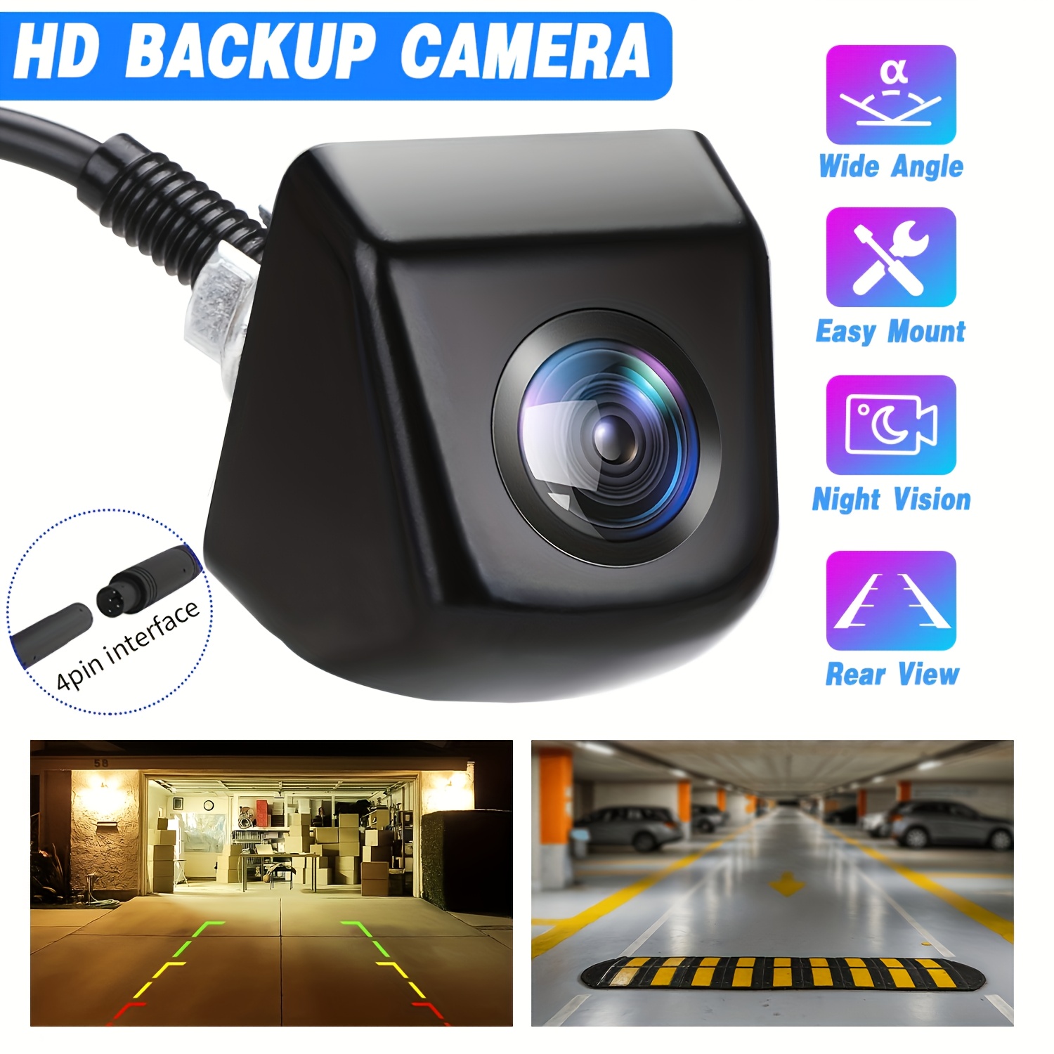4-Pin Backup Rear View Camera with Front View Option- HD Night Vision,Wide Angle Reverse Camera,for Cars,Trucks, SUVs, RVs, Vans