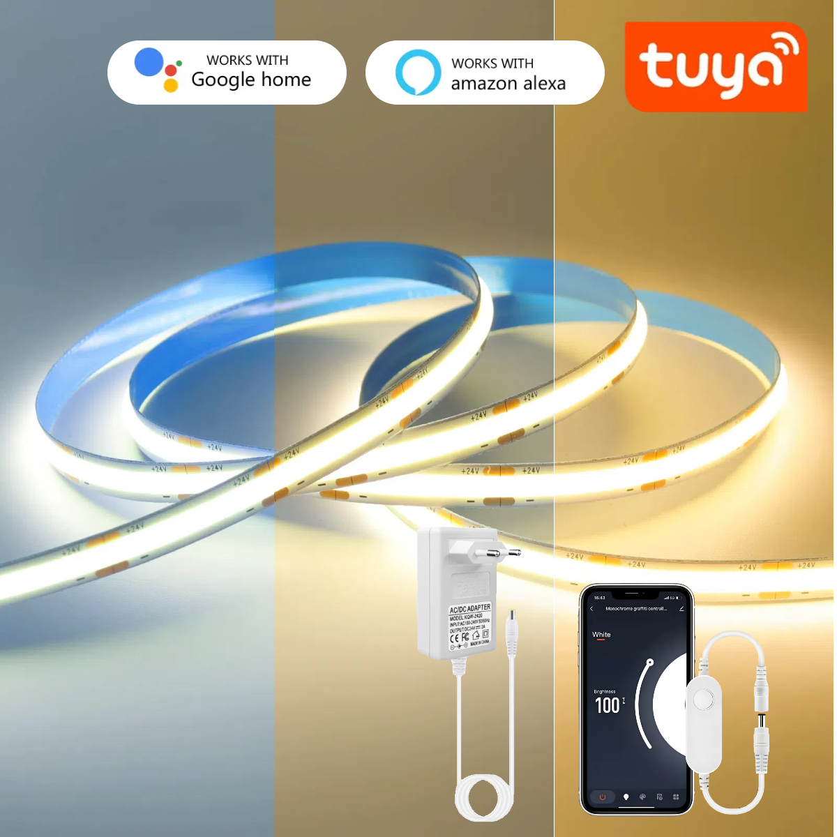 Smart TUYA WiFi COB Strip Light 320LEDs/M RA90 High Lumen 3000K/4000K/6000K Support Alexa Home Echo Plus SmartLife APP lightify