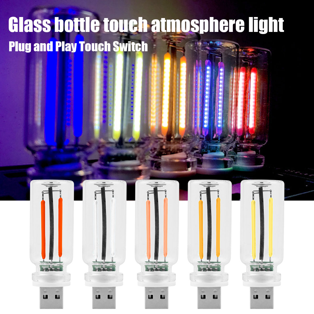 5V USB Ambient Light LED Filament Glass Bulb Touch Dimming Retro Edison Night Light for Car Home Room Festival Decoration