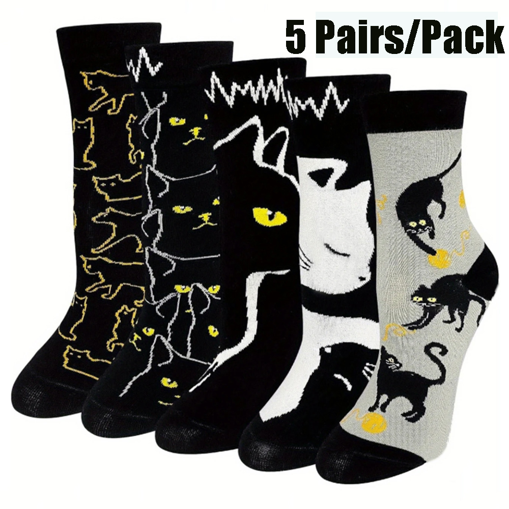 1/5 Pairs Women's Cute Black Cat Ankle Socks Breathable Sweat-Absorbing High Quality Cotton Socks for Girls