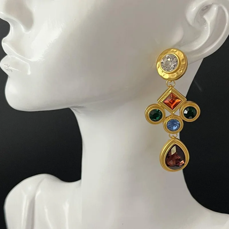 Retro Medieval Colorful Rhinestone Spliced Geometric Earrings Long Women's Elegant Exquisite Gold Drop Earrings