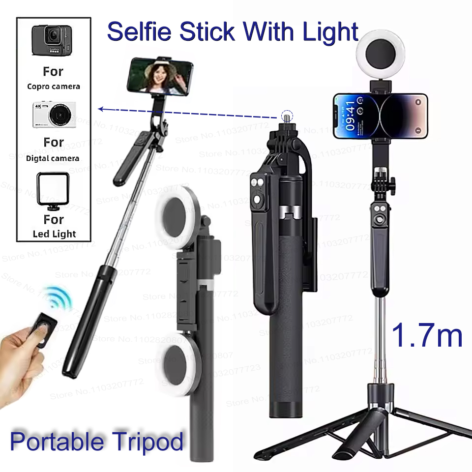 1.7m Portable tripod For Phone Bluetooth Wireless Remote Control Selfie Stick With Light Bracket For Video and Live Streaming