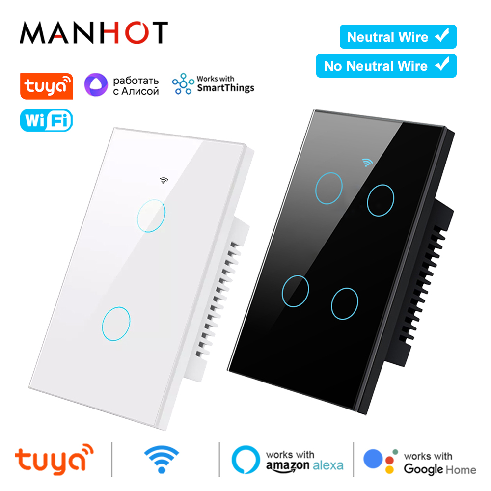 Tuya Wifi US Smart Switch Wire/No Neutral Wire 1/2/3/4Gang Mobile Phone Remote Voice Control Timing Assistant Alexa Voice