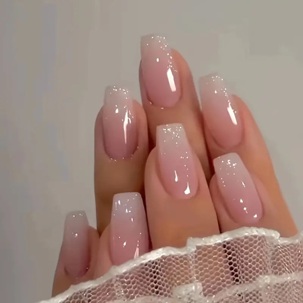 24PCS Long Coffin Pink Press On Nails Fake Press On Nails Gradation Press On Nails Summer Nails