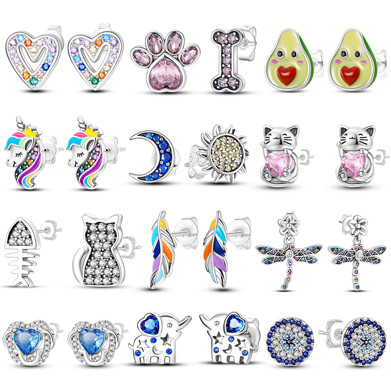 Silver Plated Woman Earring Cute Ear Studs Zircon Flower Cat Heart Original Design Earring Exquisite Jewelry