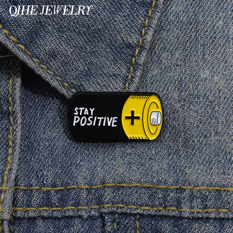 Cartoon Battery Brooch STAY POSITIVE Enamel Pins Creative Funny Design Brooches Shirt Lapel Badges Jewelry Gift for Kids Friends
