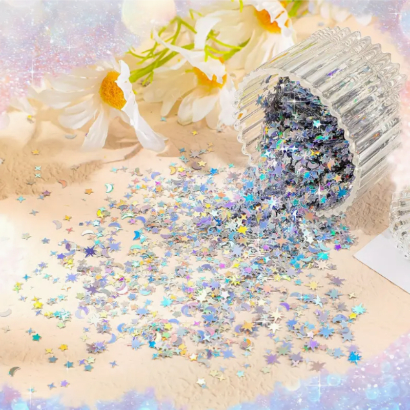 15g Star & Moon Party Confetti: Iridescent Metallic Glitter Foil Sequins for Festive Decorations - Suitable for Birthday,Wedding