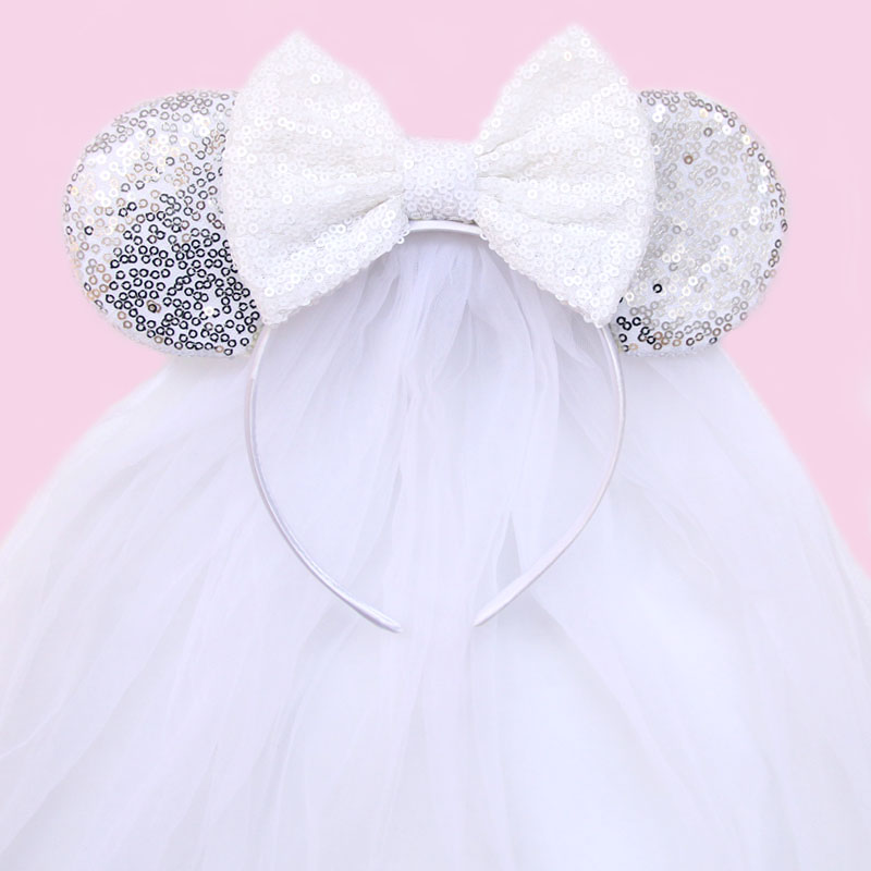 New White Day Mouse Ears Hairband With Veil Sequins 5"Bow Headwear For Women Festival Hairband Single Party DIY Hair Accessories