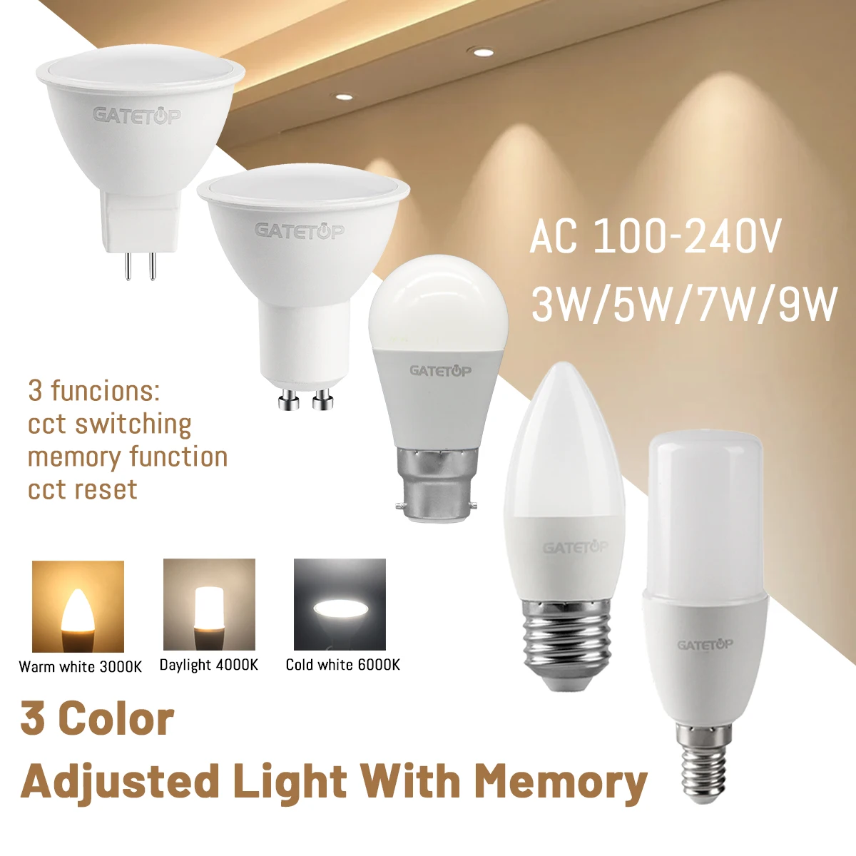 1/5/10/15/20 Pack GU10 MR16 E27 LED Bulbs 3W 5W 7W 9W Tricolor Dimmable CCT Memory Halogen Replacement Indoor Downlight