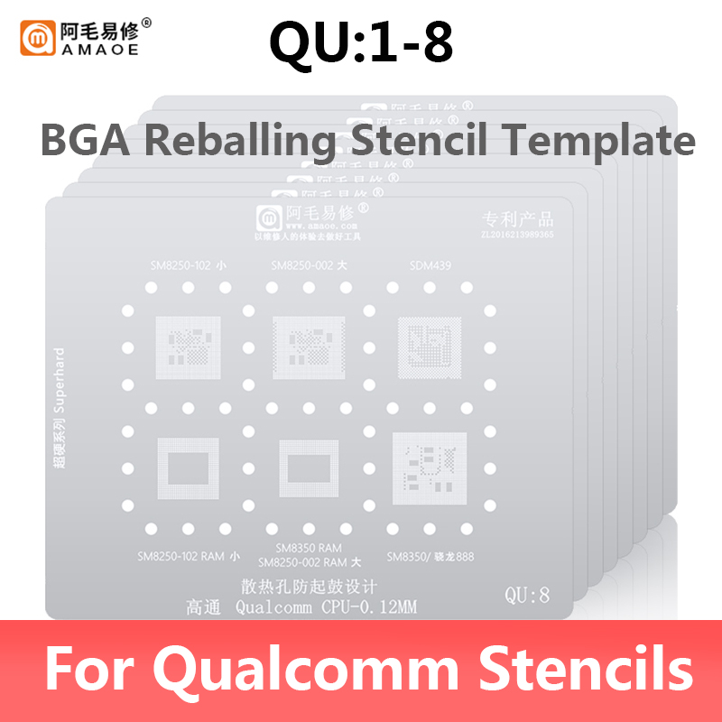 AMAOE QU1-8 BGA Reballing Stencil for Qualcomm MSM SM SDM Snapdragon CPU Planting Tin Steel Mesh Set