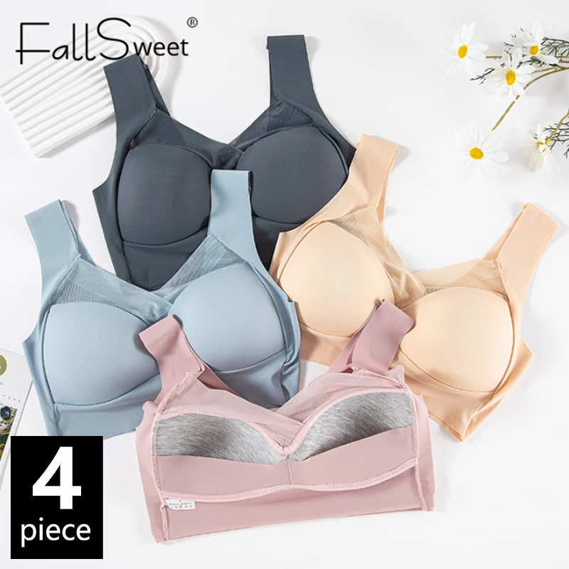 FallSweet 4Pcs Plus Size Seamless Wireless Bra for Women Push Up Backless Bralette Comfortable Underwear Sports Lingerie