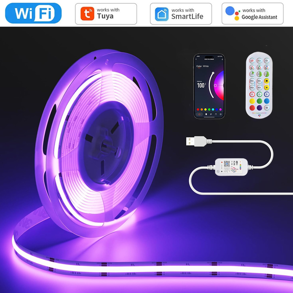 USB 5V WiFi COB RGB LED Strip 1M 2M 3M 4M 5M Remote Control TV Back Game Room Light Deco Tuya Smart Life APP F Alexa Home