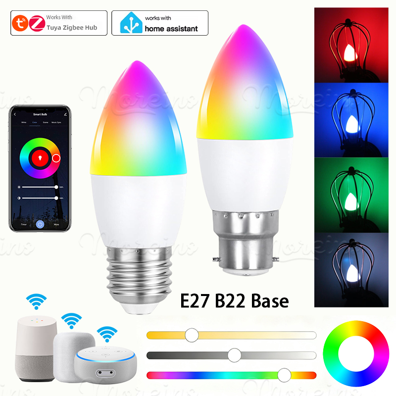 Tuya Zigbee 3.0 Smart Candle Light E27 B22 Lamps RGBCW Works With Alexa Echo Plus Home Assistant APP Voice Control 2MQTT
