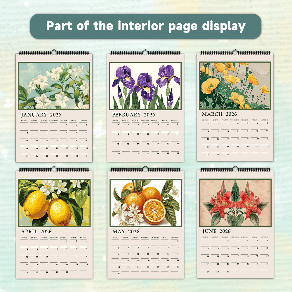 1pc, 2026 Floral Wall Calendar, Vintage Plant Calendar | For Plant Lovers, 12 Unique Designs, Wall Calendar, Birthday, Christmas