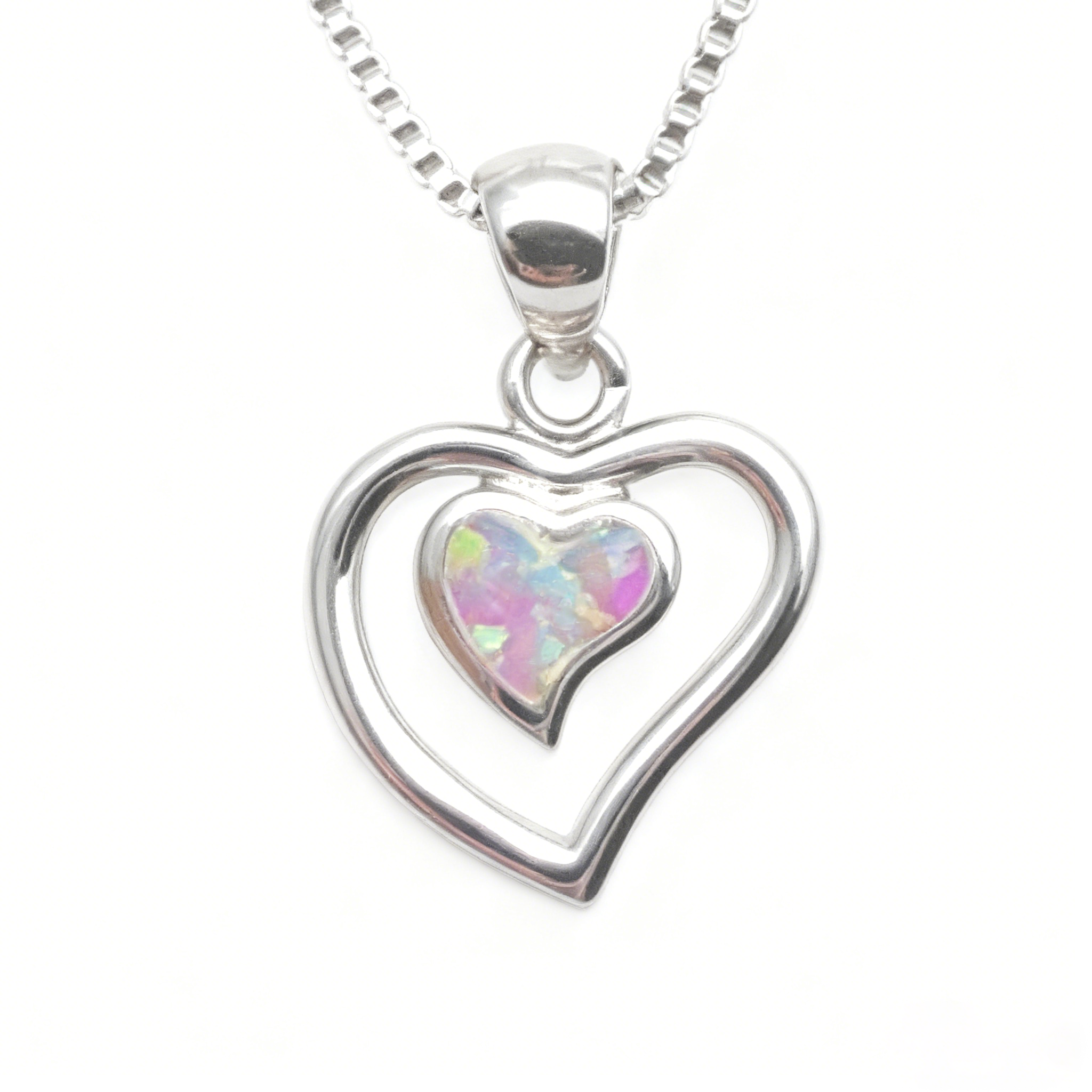 Vintage Trendy Fire synthetic Opal Heart Pendant Necklace for Women Cute White Blue Birthstone Silver Color Heart Necklace