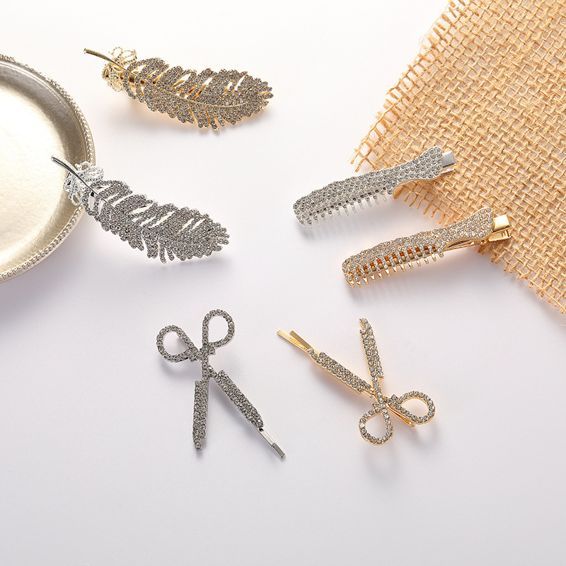 1pc/2pcs Korean style creative rhinestones, scissors, comb, leaf hairpin, elegant side hair clip hair accessory