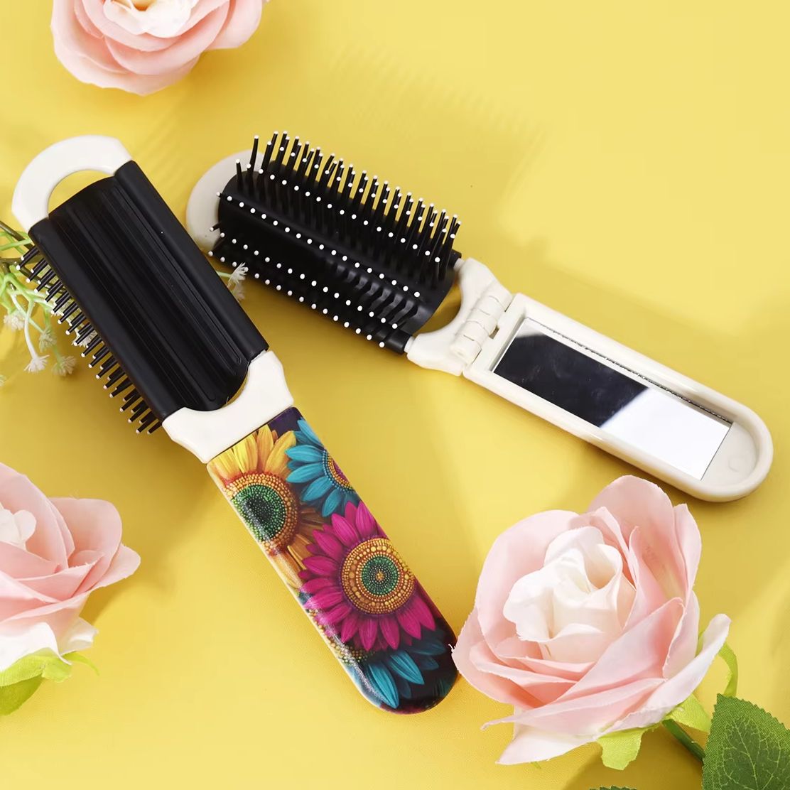 1pc folding colorful flower pattern comb with mirror, portable compact air cushion comb, suitable for daily and outdoor use