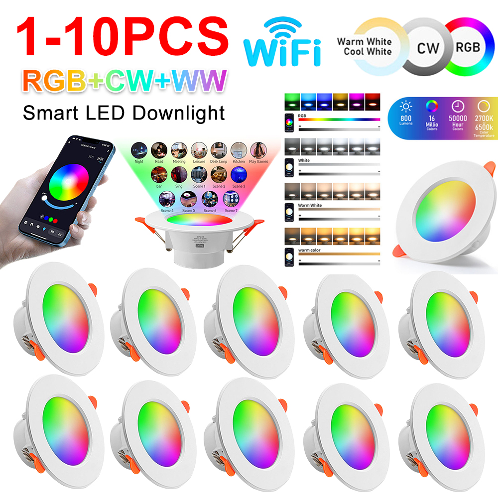 10W RGB Smart Spotlight Bluetooth-Compatible Recessed Ceiling Lamp Dimmable Round Panel Light 2700K-6500K for Home Lighting