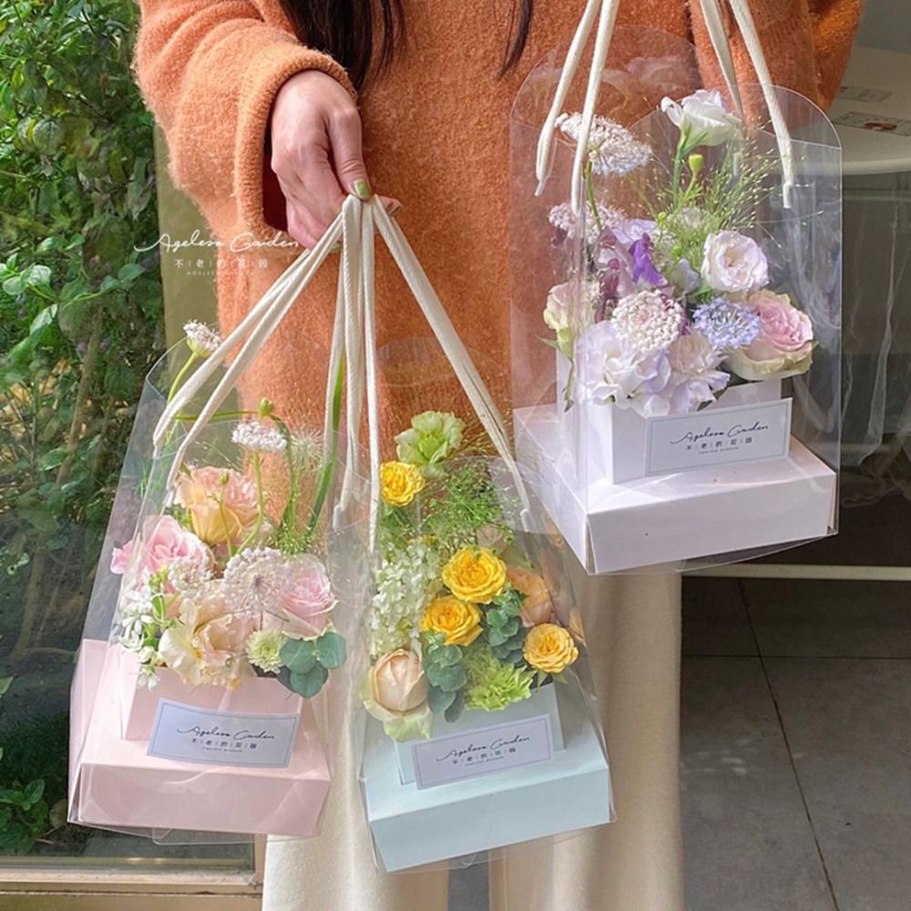 Romantic Transparent Handheld Flower Box Portable Handbag Flower Bouquet Arrangement Box DIY Cake Packaging Box Party Supply