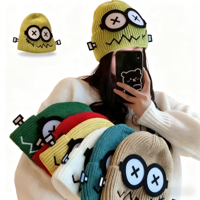 1PCS New Funny Knitted Hat for Women, Autumn and Winter Warmth Cute Big Eyed Cartoon Ear Protection Hat for Student s