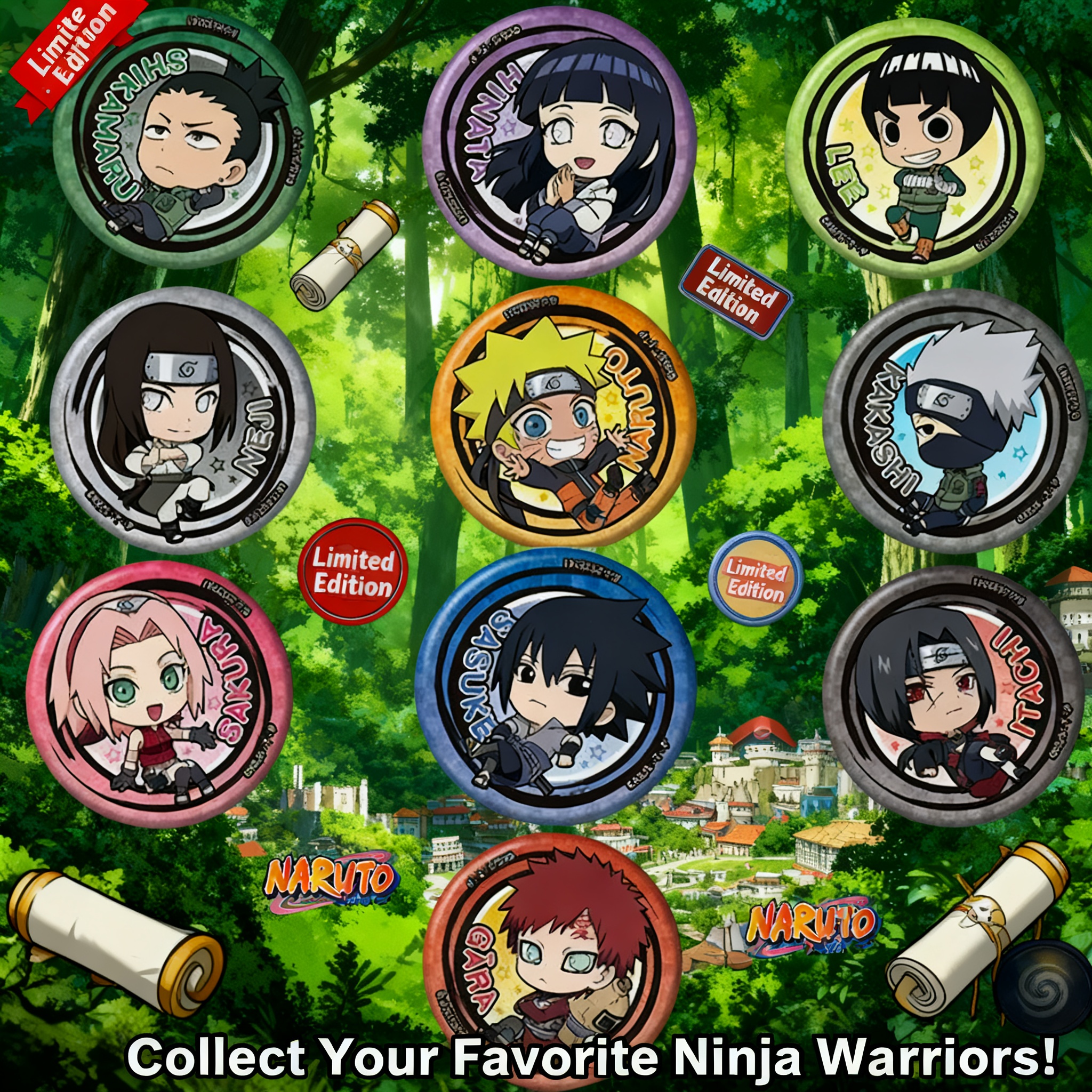 Naruto Anime Badge Set Sasuke Uchiha Kakashi Hatake Gaara Pin Brooch Collection Cosplay Accessories for Fans