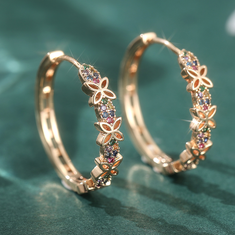 Cute Minimalist Rainbow Crystal Zircon Flower Hoop Earrings For Women Gold Color Wedding Jewelry Daily Party Wearable