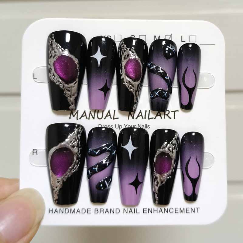 10 Pcs Women Y2k Style High End 3D Relief Black Purple Pless on Nails Nail Plates Cute Cartoon Teddy Bear Fake Nails Nail Art