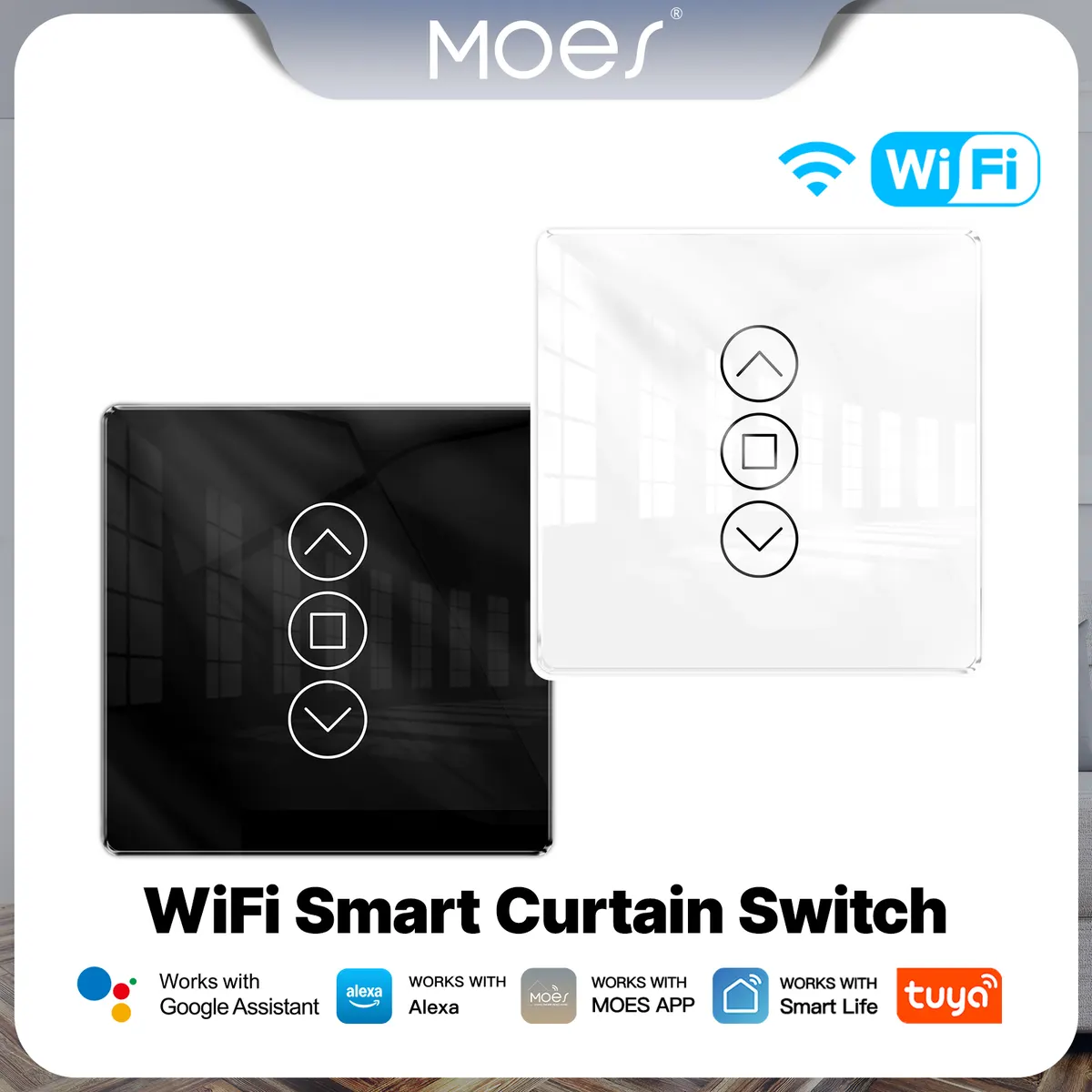 MOES WiFi Smart Curtain Switch 2.5D Arc Glass Touch Panel for Roller Blinds Shutters APP Remote Control Support Alexa GoogleHome - image 1