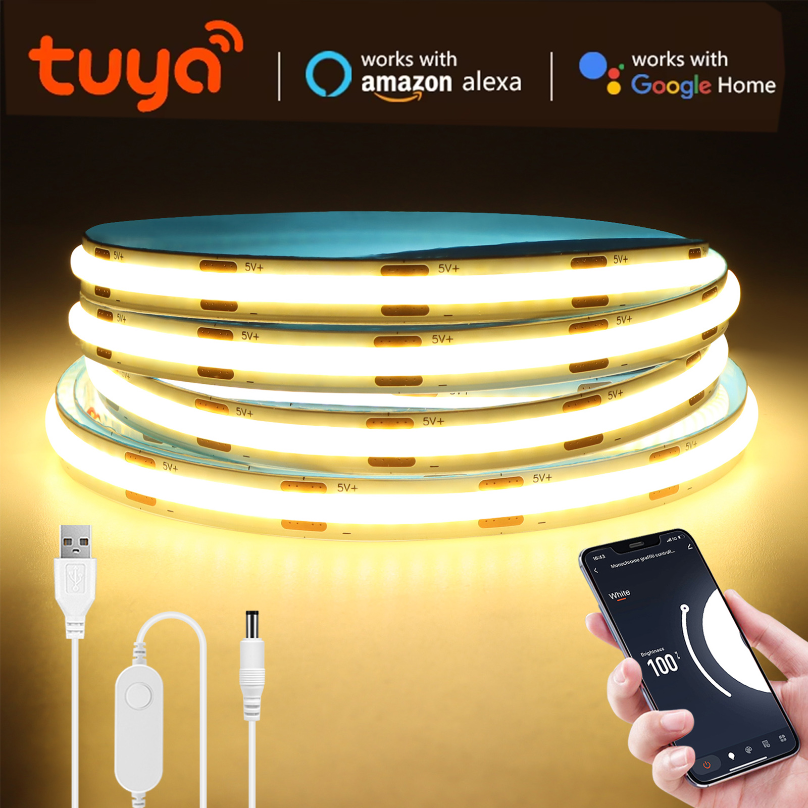 DC5V USB Tuya WiFi COB LED Strip Light App Control Dimmable Work With Alexa/ Home Room Kitchen Cabinet Decor Lighting