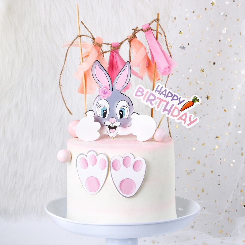 Cute Bunny Birthday Cake Toppers Rabbit Birthday Theme Party Cake Decorations for Girl Boy Easter Party Decorations Cake Flags