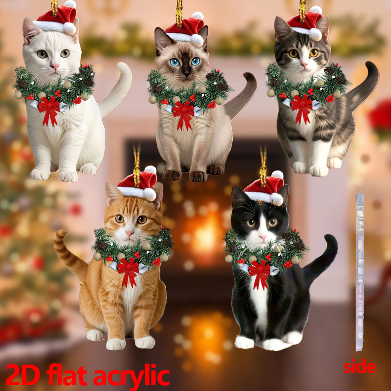 5 pcs Christmas cat ornaments Cat with a Christmas hat made of acrylic ornaments - Christmas tree decorations - Christmas gifts